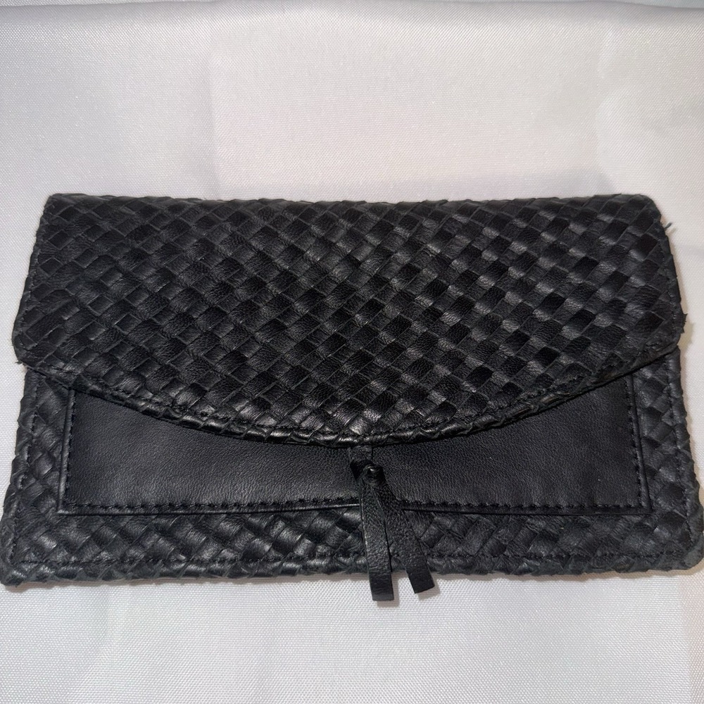 Original Sseko Soft Leather Envelope Snap Braided Wallet Pouch In Black